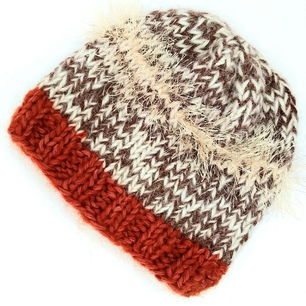 Handmade Beanie Knit Wool Blend Brick Red Brown Ivory Eyelash Detail Winter